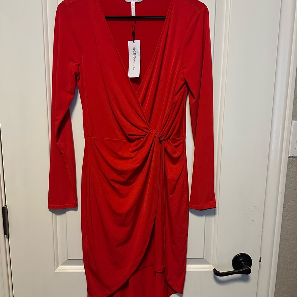 BCBGeneration Vibrant Red Draped Long Sleeve Dress